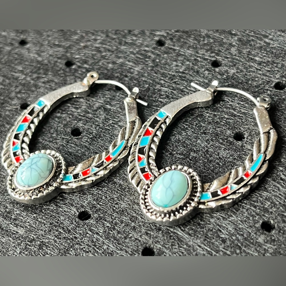 Silver and Turquoise Hoop Earrings